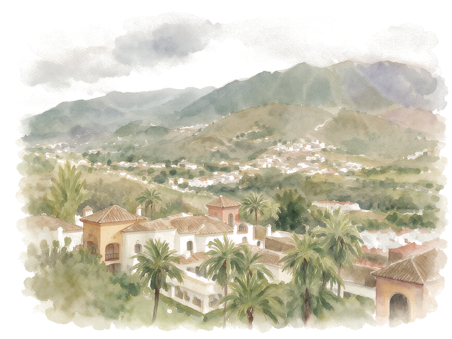 Ilustración en acuarela del paisaje de La Viñuela con el hotel entre palmeras y montañas